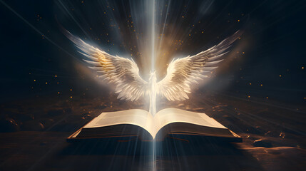 Divine Encounter: Angel and the Holy Bible, AI Generative - obrazy, fototapety, plakaty