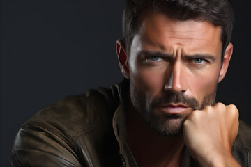 Obraz premium A man intensely concentrating, with furrowed brows, Determination and Focus