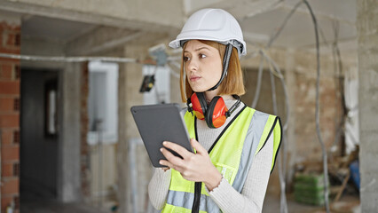 Young blonde woman architect using touchpad with serious expression at construction site