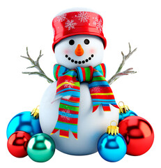 A cheerful snowman wearing a colorful scarf surrounded by colorful Christmas balls. Isolated on a transparent background.