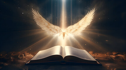 Divine Harmony: Angel and Bible Illustration, AI Generative - obrazy, fototapety, plakaty