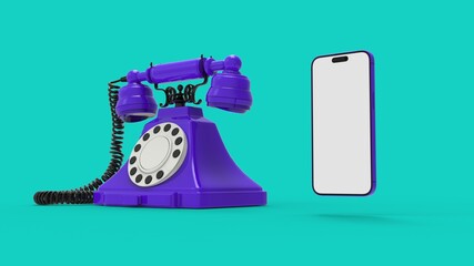Old vs new technology. Telephone in analog age and smartphone in blue background.