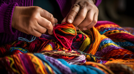 Close up of hands of an elderly woman knitting with colorful wool yarn - obrazy, fototapety, plakaty