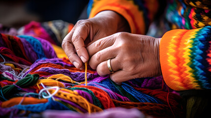 Close up of hands of an elderly woman knitting with colorful wool yarn - Powered by Adobe