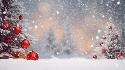 Naklejka na ściany i meble Christmas tree and ball with decoration on a winter snow background.