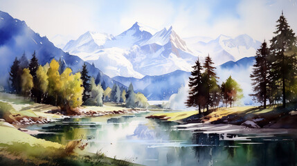 watercolor landscape of lake in the mountains, alps - obrazy, fototapety, plakaty