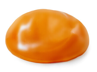 Caramel candy with flowing melted caramel i syrup isolated on white background.