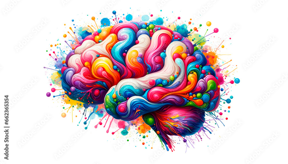 Poster colorful brain with watercolor splashes isolated on white background. generative ai