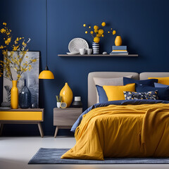 Modern minimalist bedroom design, interior design, comfortable space with yellow and deep blue color schema