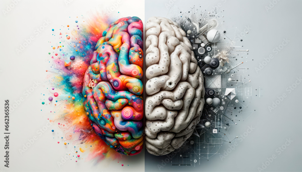 Poster human brain with colorful paint splashes on white background. generative ai