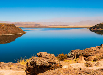 Impressive view of lake Umayo, Sillustani archeological site, Puno region, Peru