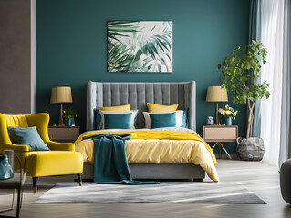 Modern minimalist bedroom design, interior design, comfortable space with yellow and deep green color schema