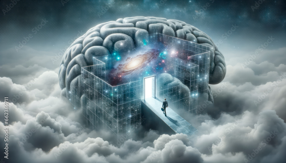 Aufkleber surreal image of human brain with open door. generative ai