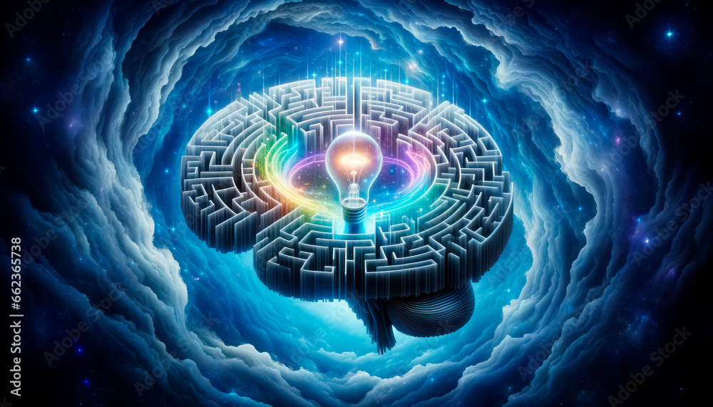 Poster brain with glowing lightbulb in blue space background, idea concept. generative ai