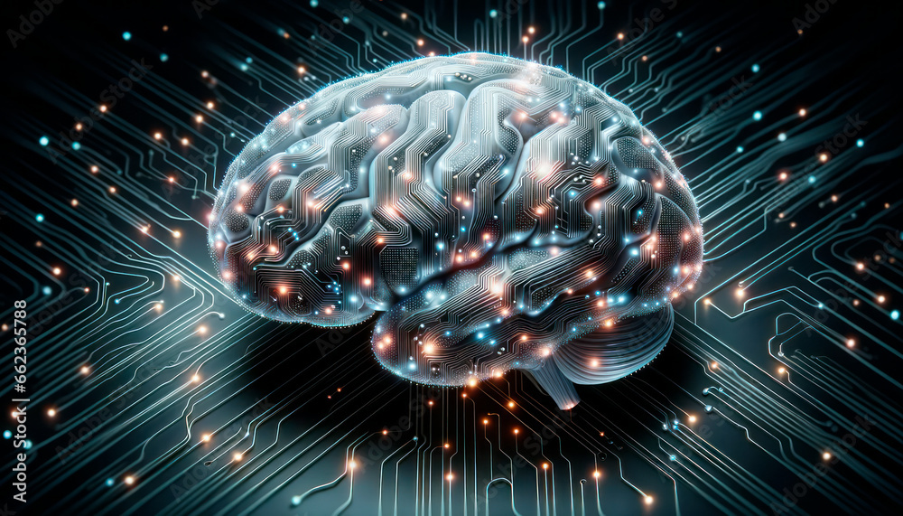 Poster human brain with electronic circuit on dark background. generative ai