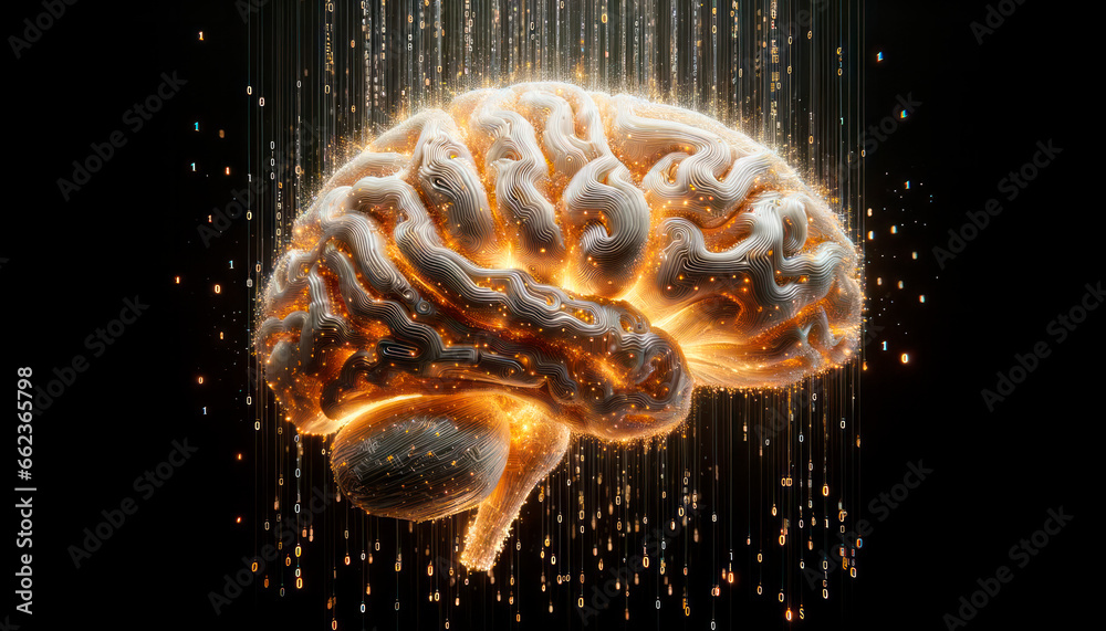 Poster human brain with glowing particles on black background. generative ai