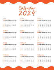 Monthly Calendar Template for 2024 with Weekly Start on Sunday