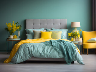 Modern minimalist bedroom design, interior design, comfortable space with yellow and cyan color schema