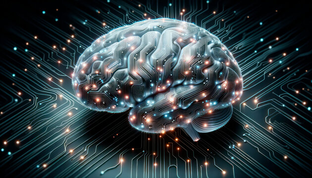 Human brain with electronic circuit on dark background. Generative AI
