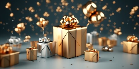 A luxurious gift with a gold ribbon and blurred confetti sprinkles. generative AI