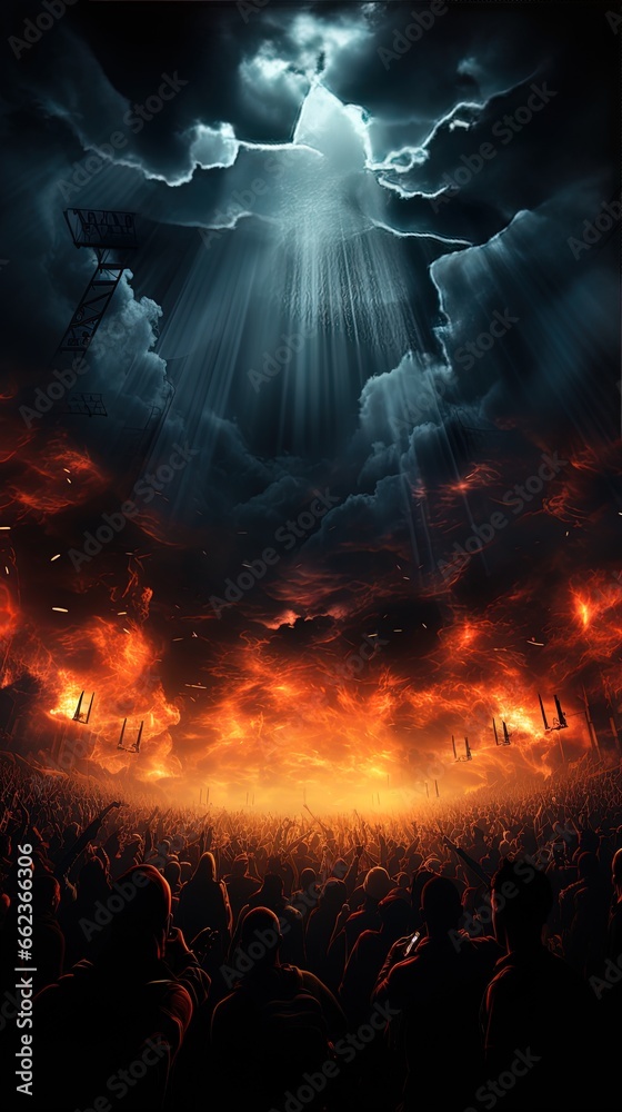 Wall mural crowd in front of a burning stage. generative ai image