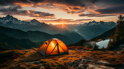 tent on the top of a mountain in sunset - obrazy, fototapety, plakaty