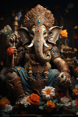 Hindu God Ganesha or Lord Ganesha in beautiful sitting pose on dark background. Vertical Ganesha Wallpapers images for mobile phones.