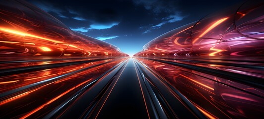 The realism of electric cars Futuristic sports cars on the highway Powerful acceleration of a super car on a night track with lights and trails. 3D illustrations. Realistic wide angle lens. - obrazy, fototapety, plakaty
