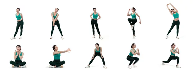 Fotobehang Collection of body workout training with stretching and warming up posture for athletic woman in different various exercise posing sequence in full body studio shot on isolated background. Vigorous © Summit Art Creations