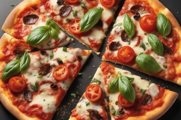 delicious italian pizza with ingredients delicious italian pizza with ingredients delicious pizza with salami, basil and tomatoes on grey table, closeup