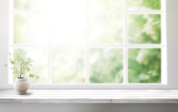 A photo of a white window with a background of blurry leaves can be used as a place for presentations and promotions for your products. generative AI