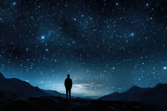 Astro-tourism Illustration - Starry night backdrop with a silhouette of a person stargazing - Dark sky travel - AI Generated
