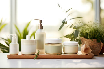 Holistic Skincare - Products arrayed against a calming backdrop with botanical extracts - Skin wellness - AI Generated