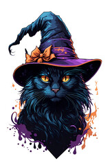 Cute black cat wearing witch hat, Happy Halloween, Generative AI