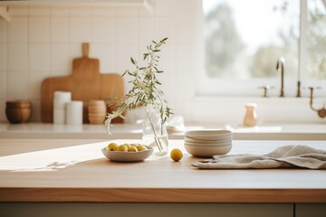 Kinfolk Lifestyle - Minimalist kitchen setting with organic produce and handmade ceramics - Pursuit of simplicity - AI Generated