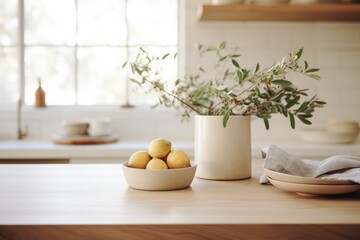 Fototapeta na wymiar Kinfolk Lifestyle - Minimalist kitchen setting with organic produce and handmade ceramics - Pursuit of simplicity - AI Generated