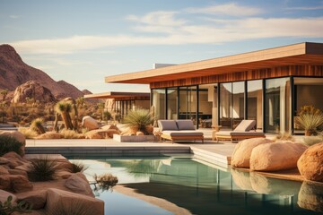 Desert Modernism - Architectural design emphasizing open spaces and indoor-outdoor flow in arid landscapes - Oasis aesthetics - AI Generated