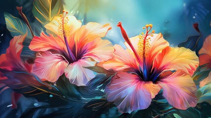 Beautiful exotic flowers close up, majestic floral beauty, digital illustration art.