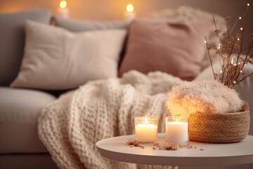 Fototapeta na wymiar Hygge Ambience - Cozy living room with candles, blankets, and soft lighting - Danish art of coziness - AI Generated