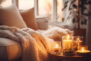 Hygge Ambience - Cozy living room with candles, blankets, and soft lighting - Danish art of coziness - AI Generated - obrazy, fototapety, plakaty