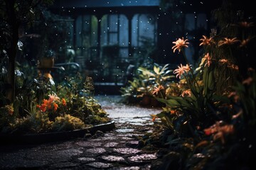 Moon Gardening - Night shot of a garden with plants that bloom under moonlight - Lunar horticulture - AI Generated