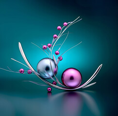 An elegant example of a silver branch decoration ornament with small shiny pink balls on a turquoise gradient shade background.