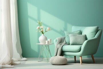 Neo Mint Interiors - Room setting highlighting the fresh neo mint color trend - New wave home decor - AI Generated