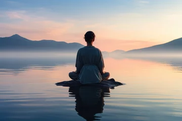 Foto auf Acrylglas Ocean Meditation - Individual practicing mindfulness on a pristine beach at sunrise - Seafront serenity - AI Generated © Arthur