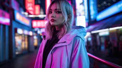 Asian woman in neon city