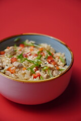 rice with herbs and chicken, wok, asian food