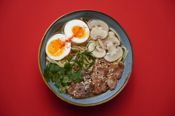 ramen with beef and eggs and mushrooms, asian food