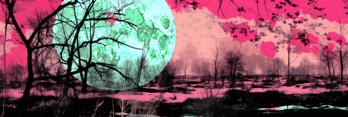 Full Moon and Pinks Skies Over Gritty Style Landscape 