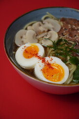 ramen with beef and eggs and mushrooms, asian food