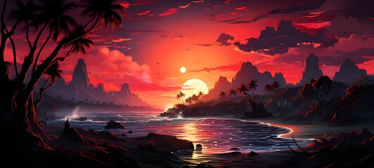 Beautiful seascape with palm trees and sunset - obrazy, fototapety, plakaty